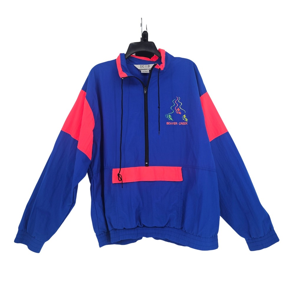 Vintage 90s Beaver Creek Ski‎ Anorak Windbreaker L Blue Neon Pink Outdoor Retro